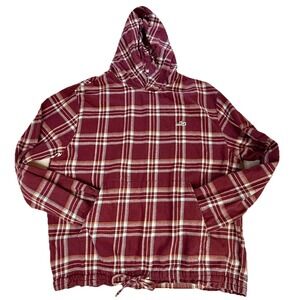 Lost Plaid Flannel Hoodie L Burgundy Cotton Pullover Skate Streetwear